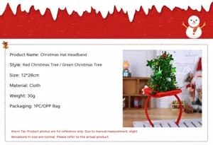 Detail showing red velvet headband with green tinsel Christmas tree and specific dimensions