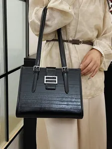 French Large Capacity Tote Bag Women Fashion Textured Shoulder Underarm Bag PU Leather Handbag With Silver Buckle Commuter Purse
