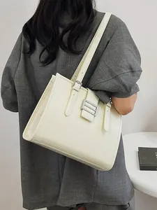 French style creamy white tote bag with faux crocodile texture and metal buckle