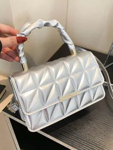 Sac Bandoulière Matelassé en Cuir Verni pour Femmes Poignée Froncée Barre Métallique Or Sac à Main Petit Carré Tendance