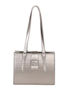 Silver metallic tote bag with textured horizontal lines and sleek shoulder straps
