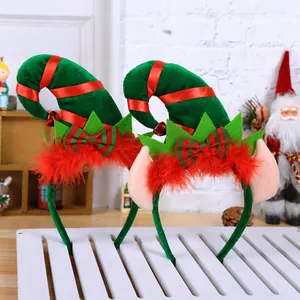 Kerstelf hoofdband set met groen fluweel, rode veren en bellen voor vakantie decoratie
