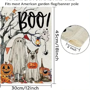 Dettaglio bandiera Halloween con trama in juta, tasca per asta e dimensioni 12x18 pollici