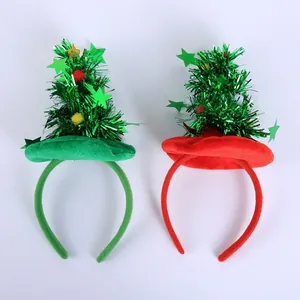 Red and green Christmas tree headbands with shimmering sequins and colorful pom-poms