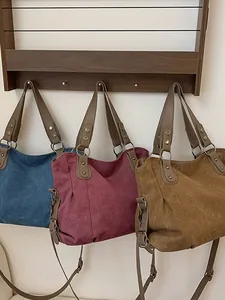 Sac fourre-tout minimaliste en toile à grande capacité avec anses en cuir bleu et bordeaux