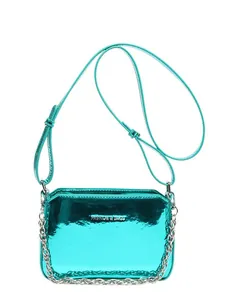 Metallic green patent leather crossbody bag with silver chain strap and top zipper