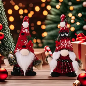 Detail of Christmas gnomes with knit hats, plaid clothes, lantern and candy cane accessories