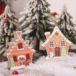 Lighted wooden gingerbread house ornaments with Santa Claus for Christmas tree decor