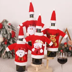 Detailed view of four Christmas wine bottle sweaters with Santa, Snowman, Reindeer, and Bear