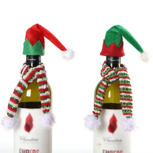 Mini Christmas wine bottle decor set with red green hats and striped knit scarves