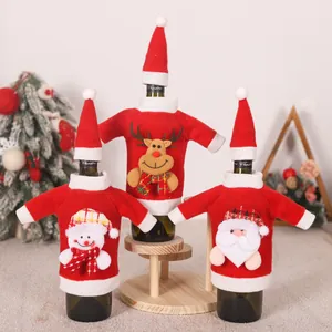 Three-piece Christmas wine bottle sweater set with Santa Snowman and Reindeer patterns