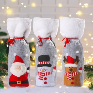 Copribottiglia di Vino Natalizio con Bordo in Pelliccia Sintetica Nastro Cartone Animato Babbo Natale Pupazzo di Neve Renna Decorazione