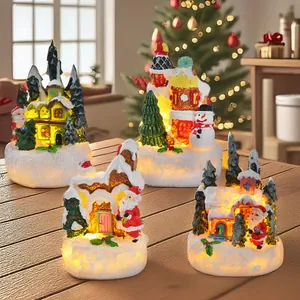 LED Christmas resin house figurines set with Santa and Snowman holiday decor