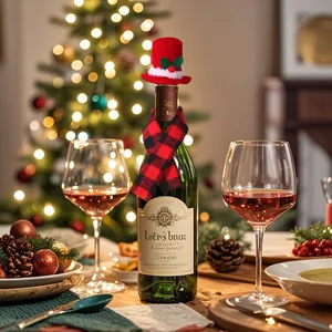 Christmas wine bottle decor set with red velvet hat and red black plaid scarf for table