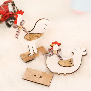 Easter painted wooden rooster and hen tabletop ornaments with checkered bow ties and base