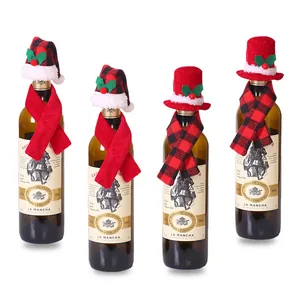 Christmas wine bottle covers with red and black plaid hats and scarves for holiday table decor