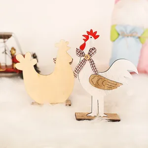 Easter hand-painted wooden rooster and hen tabletop ornaments with fabric bow and base