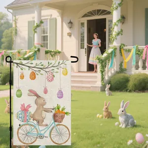 Easter bunny on bicycle garden flag made of double-sided linen for outdoor yard decor