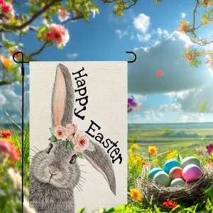 Double-sided linen Easter garden flag with grey rabbit and Happy Easter floral design