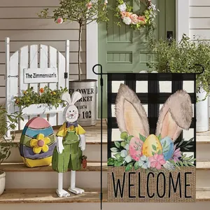 Easter garden flag with buffalo plaid, bunny ears, and colorful eggs for home decor