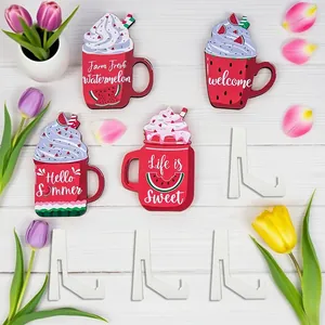 Summer wooden watermelon cup tiered tray decor set with fresh fruits themed ornaments
