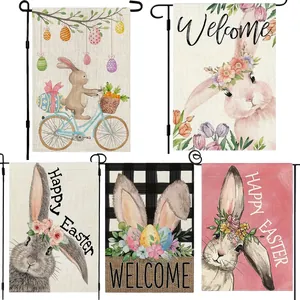 5-pack double-sided linen Easter garden flags with cartoon rabbits and Happy Easter prints