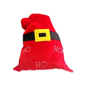 Red velvet Christmas gift sack with Ho Ho Ho print and decorative belt buckle design