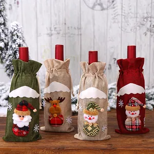 Set de 4 bolsas de lino para botellas de vino con diseños de Papá Noel, reno y nieve
