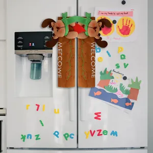 Brown reindeer Christmas refrigerator handle covers with embroidered Welcome text for kitchen decor