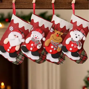 Linen Christmas Stocking 3D Cartoon Doll Plaid Pattern Hanging Gift Bag For Fireplace Party Holiday Home Decoration