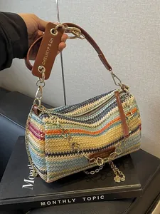 Vintage Rainbow Straw Woven Cylinder Bag With Gold Chain Fashion Patchwork Shoulder Crossbody Bag For Women Summer Travel