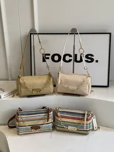 Fashionable woven cylindrical straw bags with rainbow chain straps in assorted colors