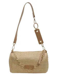 Elegant cylindrical straw shoulder bag with rainbow floral chain and brown leather strap