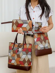 Women Fashion Handbag Geometric 3D Splicing PU Leather Tote Crossbody Clutch Wallet Commuter Shoulder Bag Large Capacity