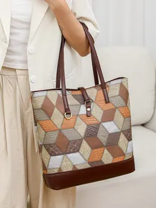 Quilted geometric faux leather tote bag with large capacity and crocodile texture for women