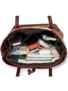 Brown quilted patchwork faux leather tote bag with large capacity and inner compartments