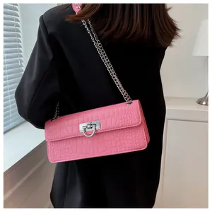 Detailed back view of pink crocodile embossed handbag with silver chain and D-ring lock