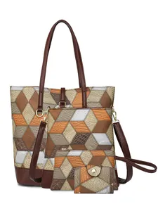 Stylish 4-piece geometric patchwork tote bag set with premium leather textures in earth tones