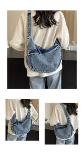 Détail du sac bandoulière croissant en denim délavé bleu avec tirette en corde tressée épaisse