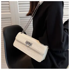 Detail of white crocodile texture handbag with silver chain strap and metal buckle