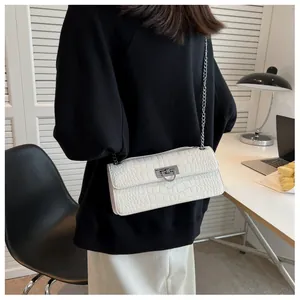 Detail of white crocodile embossed texture handbag with elegant silver metal chain strap