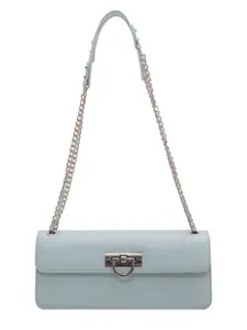 Light blue faux crocodile skin crossbody bag with a silver D-ring buckle and chain strap