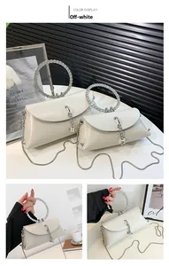 Detail view of off-white handbags with rhinestone ring handles and silver chain straps