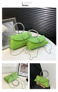 Detail of neon green jelly handbag with rhinestone ring handle and silver chain strap