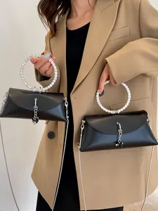 Rhinestone Ring Handle Handbag For Women PU Leather Square Crossbody Bag With Chain Strap Fashion Small Tote For Party Daily