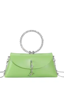 Lime green jelly handbag with rhinestone circular handle and metallic chain strap
