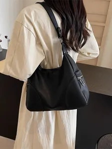 Classic black leather hobo bag with pebble texture and large capacity for women