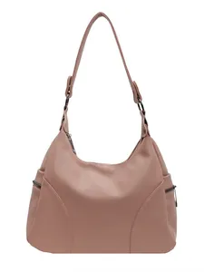 Minimalist dusky rose hobo bag with pebbled leather texture and side zipper detail