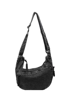 Sac à bandoulière minimaliste en jean noir de style rétro décontracté avec fermeture éclair