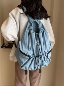 Women Minimalist Nylon Drawstring Backpack Large Capacity Solid Color Wrinkled Texture School Bag Casual Travel Daypack